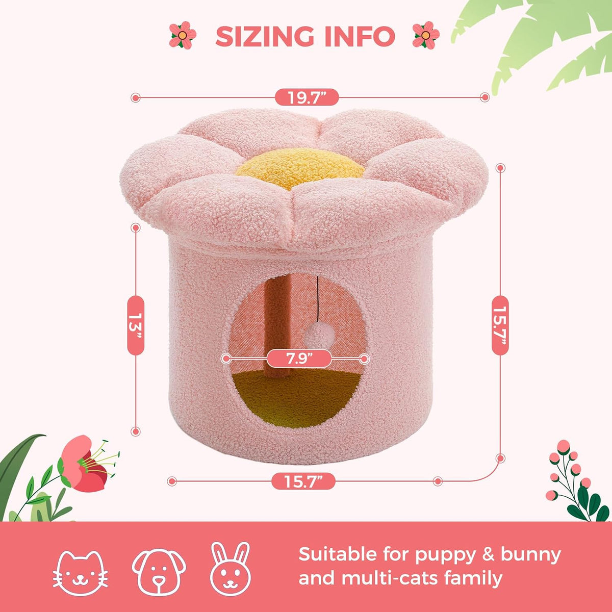 PETEPELA 20" Cute Cat Tree House with Removable Flower Bed, Pink
