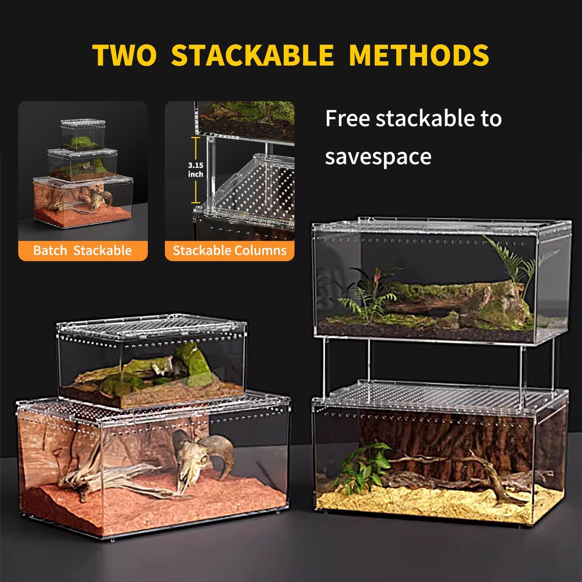 【No Assembly】 Reptile Tank Enclosure with Magnetic Button.12" * 8" * 6" Thicken Snake Enclosure Cage,Batch Stackable Reptile Breeding Tank for Insect,Fish,Tarantula,Hermit Crab,Jumping Spider