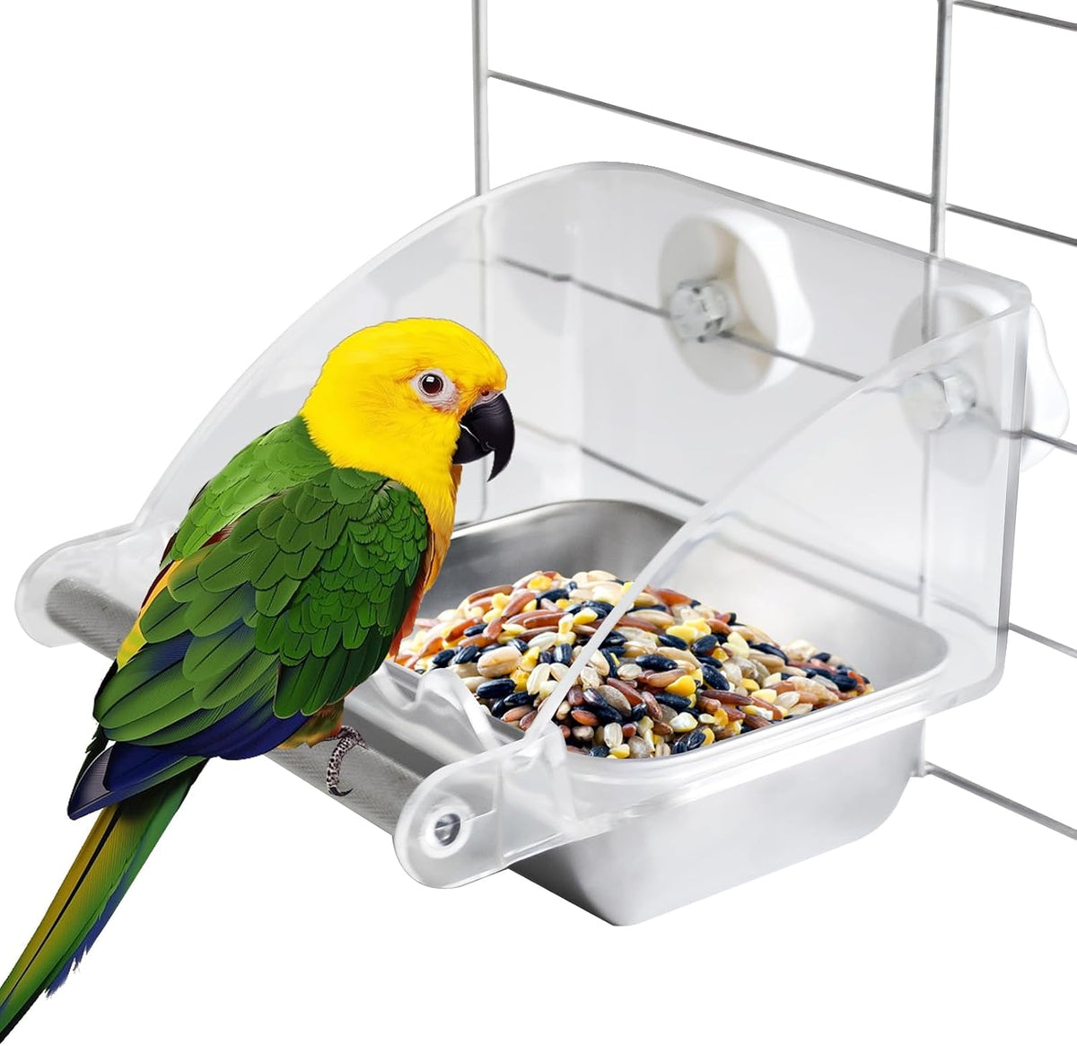 2 in 1 No Mess Bird Feeder,Bird Cage Feeder with Ceramic Bowl and Parrot Bathtub with Bottom Drawer Hanging Tube Shower Box for Birds Budgies Parakeet Small Parrot Cockatiels(Blue)