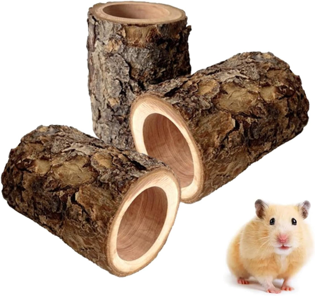 Natural Apple Wood Hamster Tunnel Hideout, 3 Pack Wooden Small Animal Hideaway, Hamster Cage Accessories for Dwarf Hamsters Syrian Hamster Rest Hiding