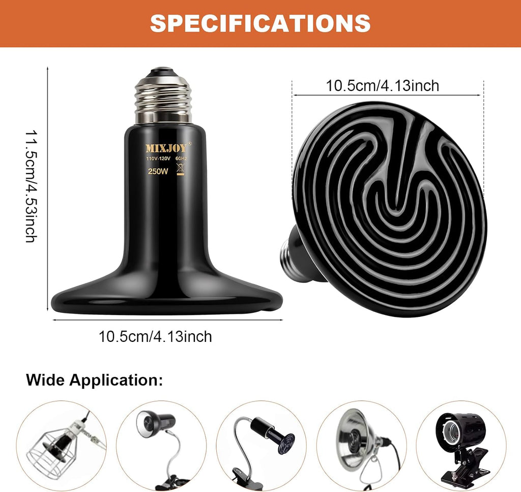 MIXJOY 250W Ceramic Heat Emitters - 2Pack Reptile Heat Lamp Bulbs, No Light Emitting, Ideal for Gecko, Lizard, Bearded Dragon, Turtle, Snake & Chicken