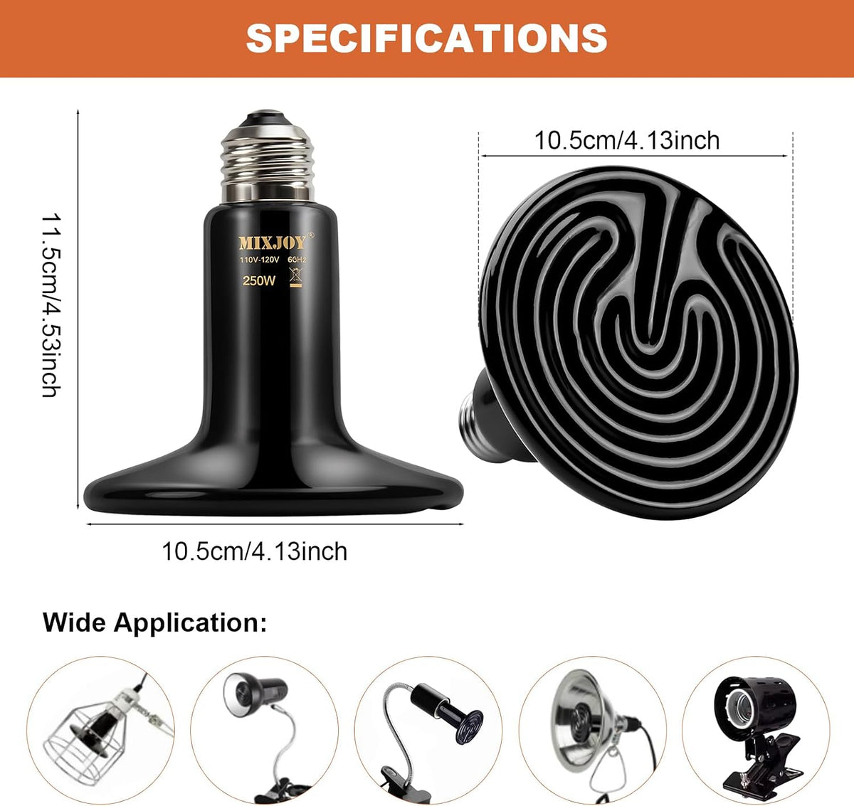 MIXJOY 250W Ceramic Heat Emitters - 2Pack Reptile Heat Lamp Bulbs, No Light Emitting, Ideal for Gecko, Lizard, Bearded Dragon, Turtle, Snake & Chicken