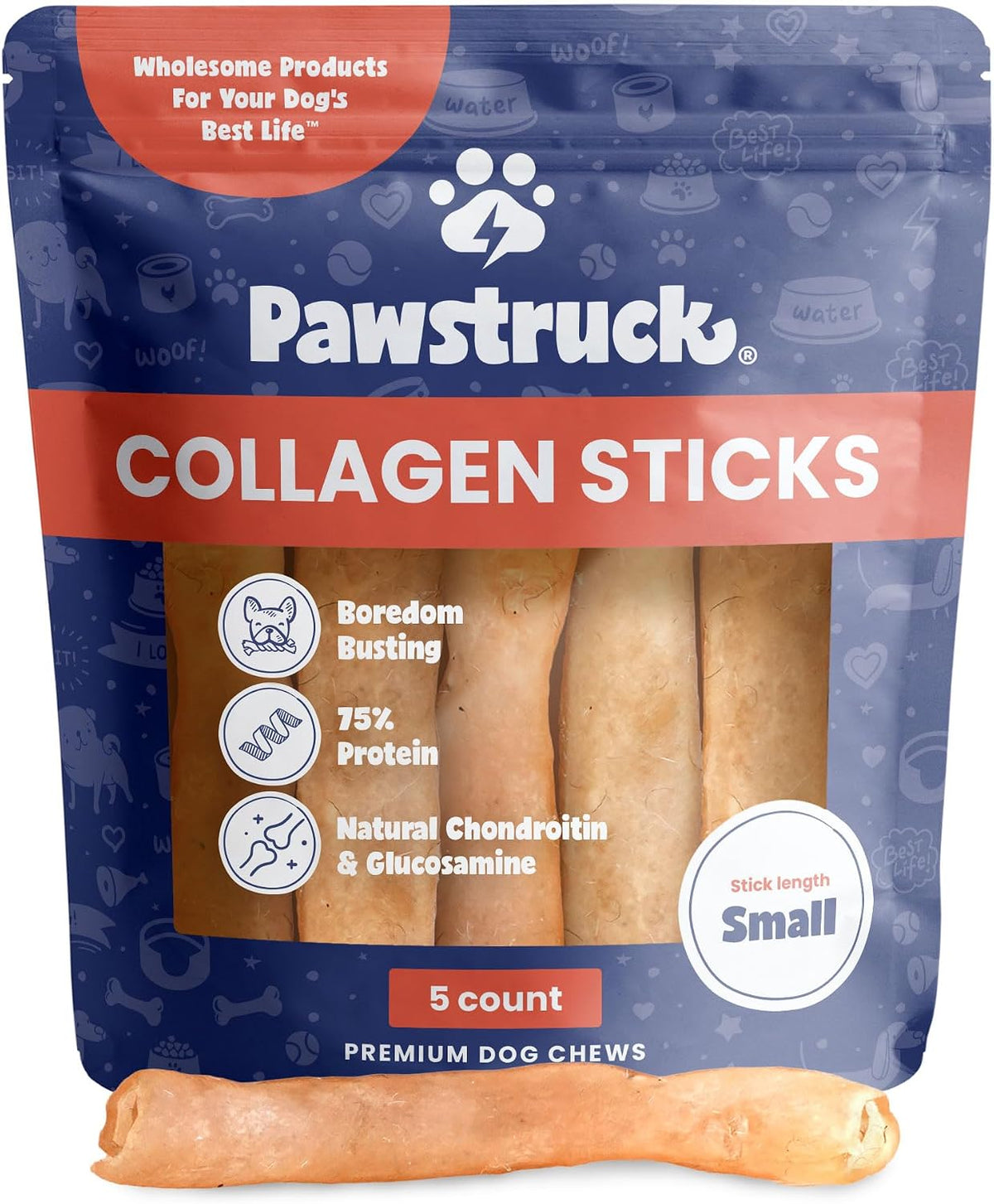 Pawstruck Small Collagen Sticks 100% Natural Beef Chews for Dogs, 5 Pack