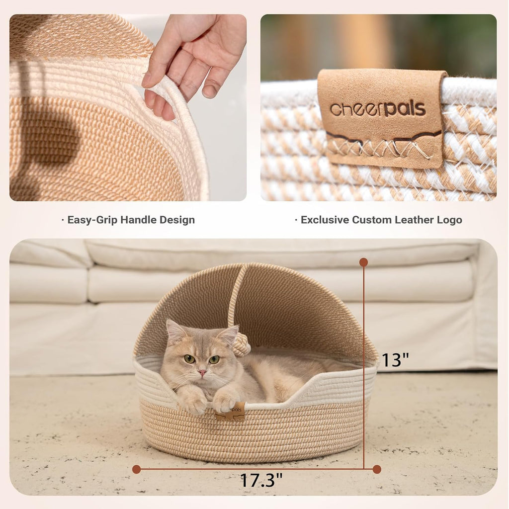 CHEERPALS Cat Basket Bed with Washable Cushion and Ball Rope Cotton, Covered Pet Bed for Indoor Cats Cave Bed Hooded, Stimulicat Cat Bed Handwoven Breathable, All Season Universal(White)