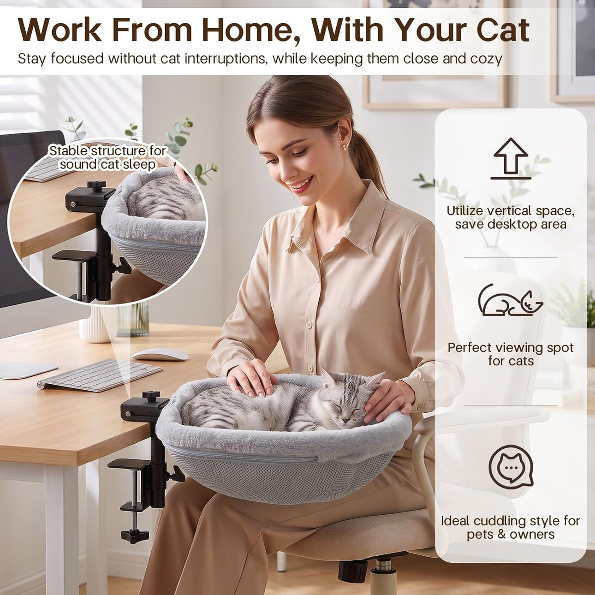 Desktop Cat Hammock, One-Click Fold Table Edge Cat Bed, Holds 40 lbs