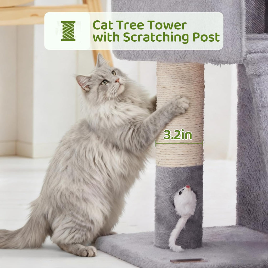 Woochpet 32inch Tall Cat Tree with 2 cat condo for Adult Cats Cozy Cat Tower with Scratching Post and Scrather Board for Cats of Different Ages.（Light Grey）