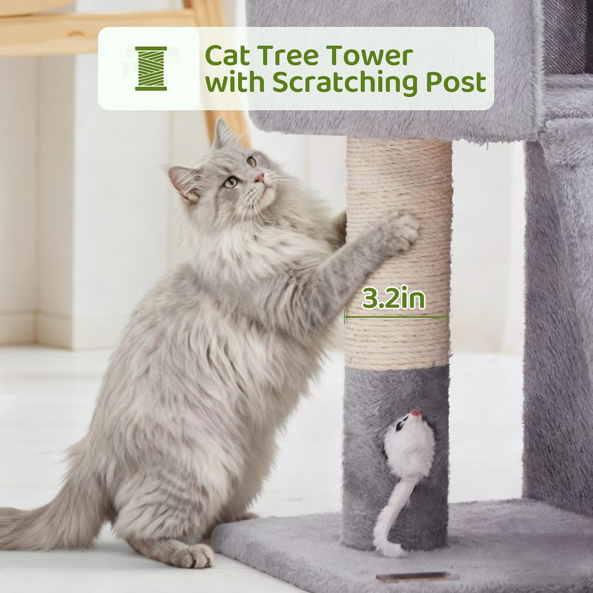 Woochpet 32inch Tall Cat Tree with 2 cat condo for Adult Cats Cozy Cat Tower with Scratching Post and Scrather Board for Cats of Different Ages.（Light Grey）