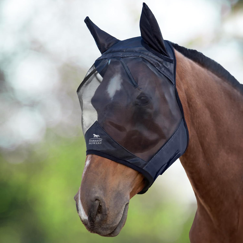 Harrison Howard CareMaster Horse Fly Mask Large Eye Space Half Face with Ears Black Large Full Size