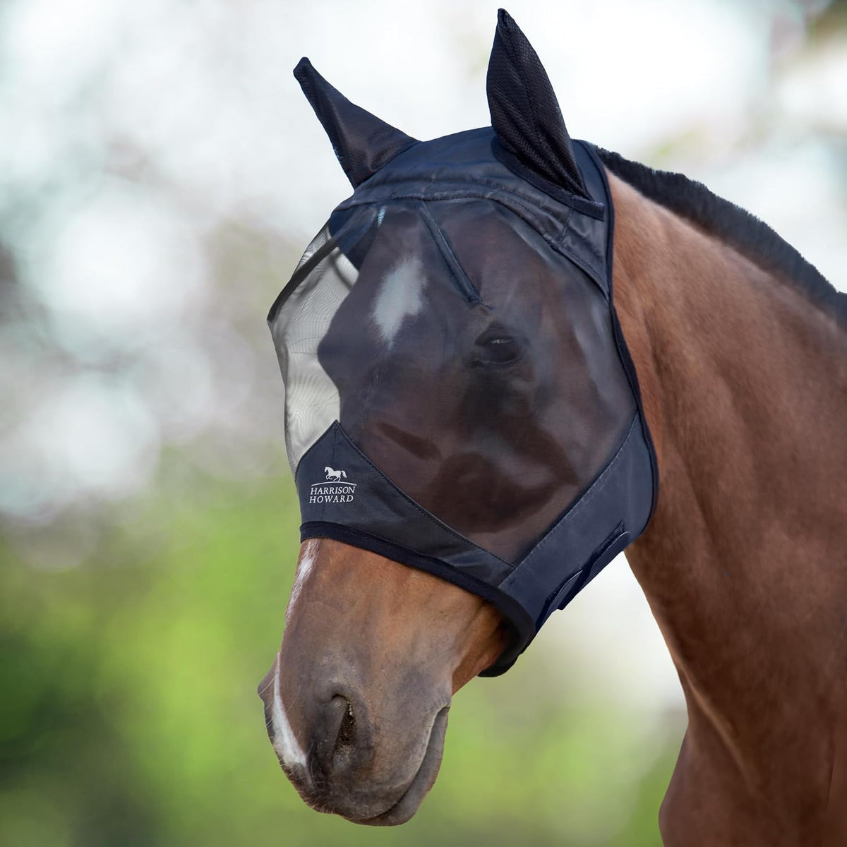 Harrison Howard CareMaster Horse Fly Mask Large Eye Space Half Face with Ears Black Large Full Size