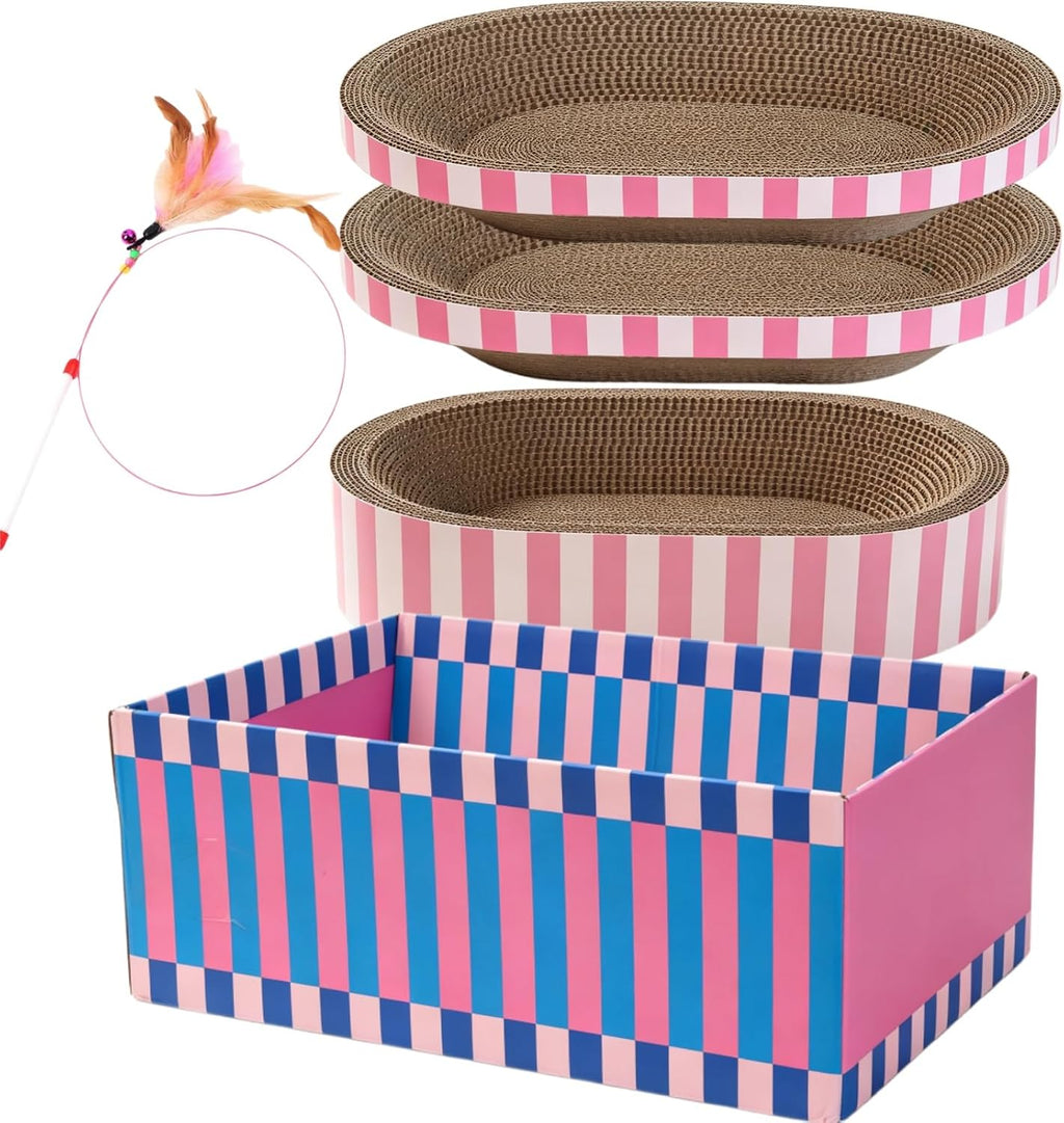 Cat Scratcher Bed with Toys, 2 Pack Oval Cat Scratcher Cardboard, Indoor Cat Scratch Bowl, Large Pad Cat Scratching Board with Catnip Fish Toy & Feather Wand for Furniture Protector