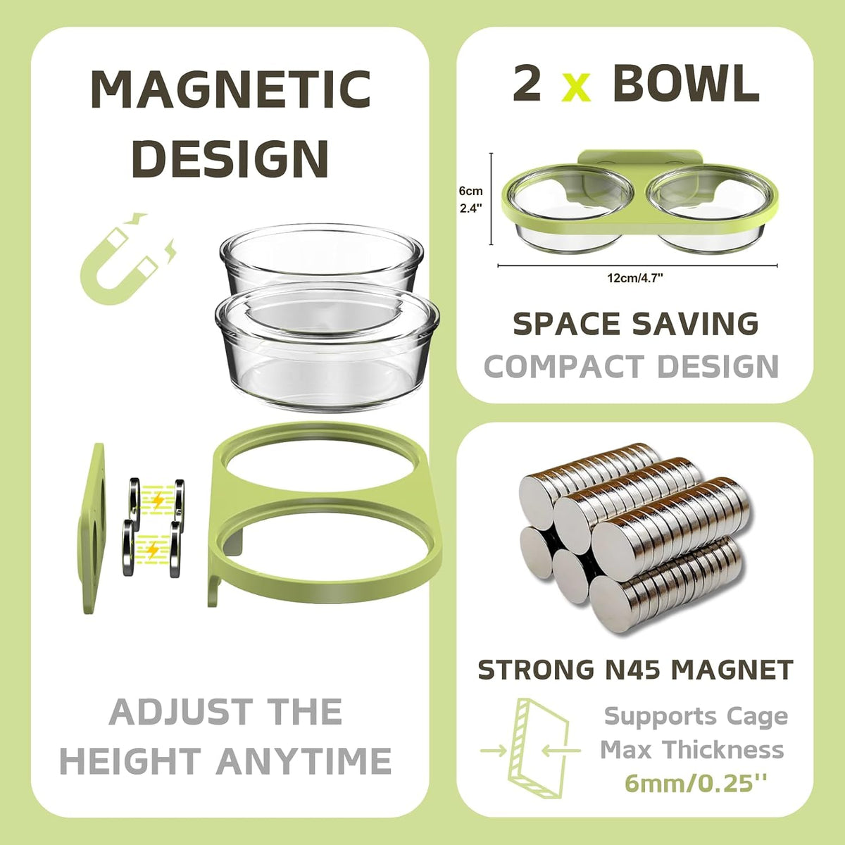 Magnetic Reptile Feeding Ledge with 2 Pack Plastic Bowls Food Feeder Water Dish for Crested Gecko Dwarf Hamster (Green, Magnetic-Mounted)