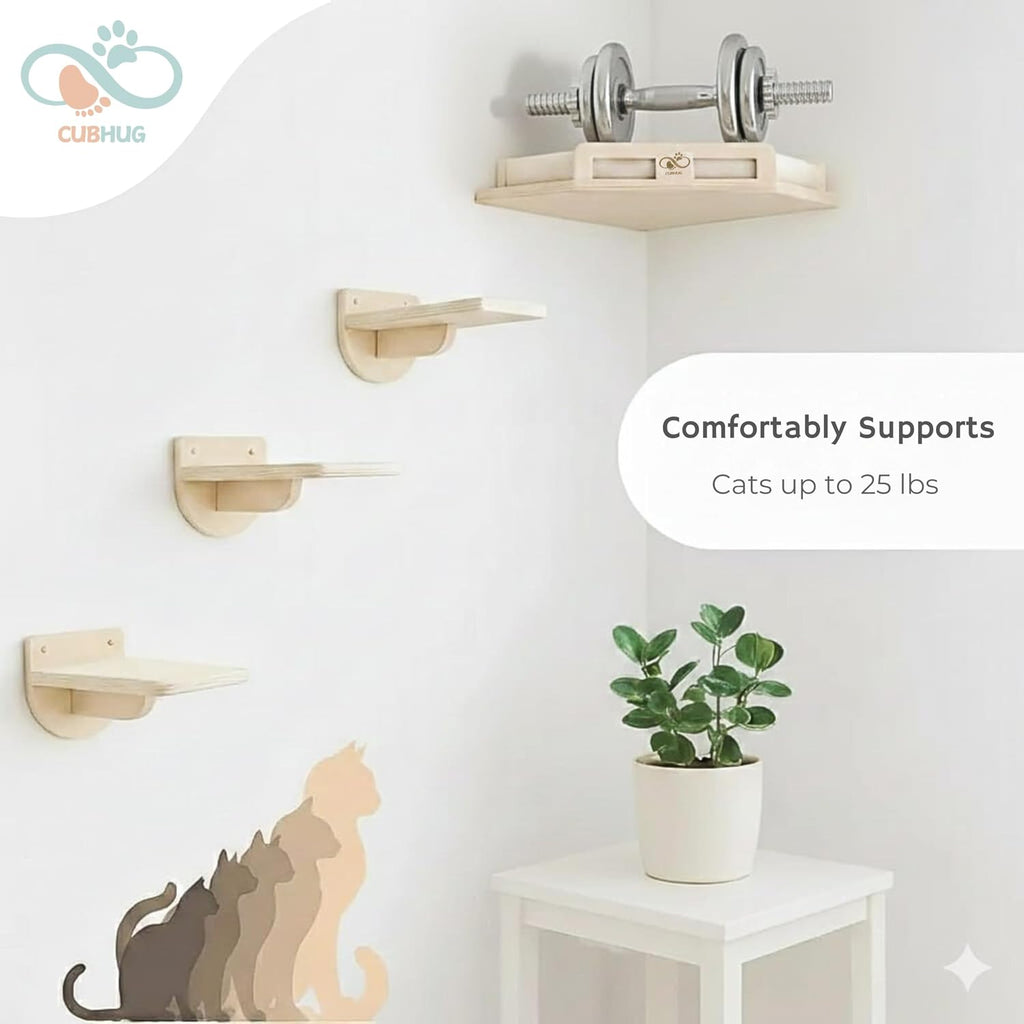 Cat Wall Shelves, Solid Wood Corner Bed, 3 Steps, Up to 25 lb, Wood