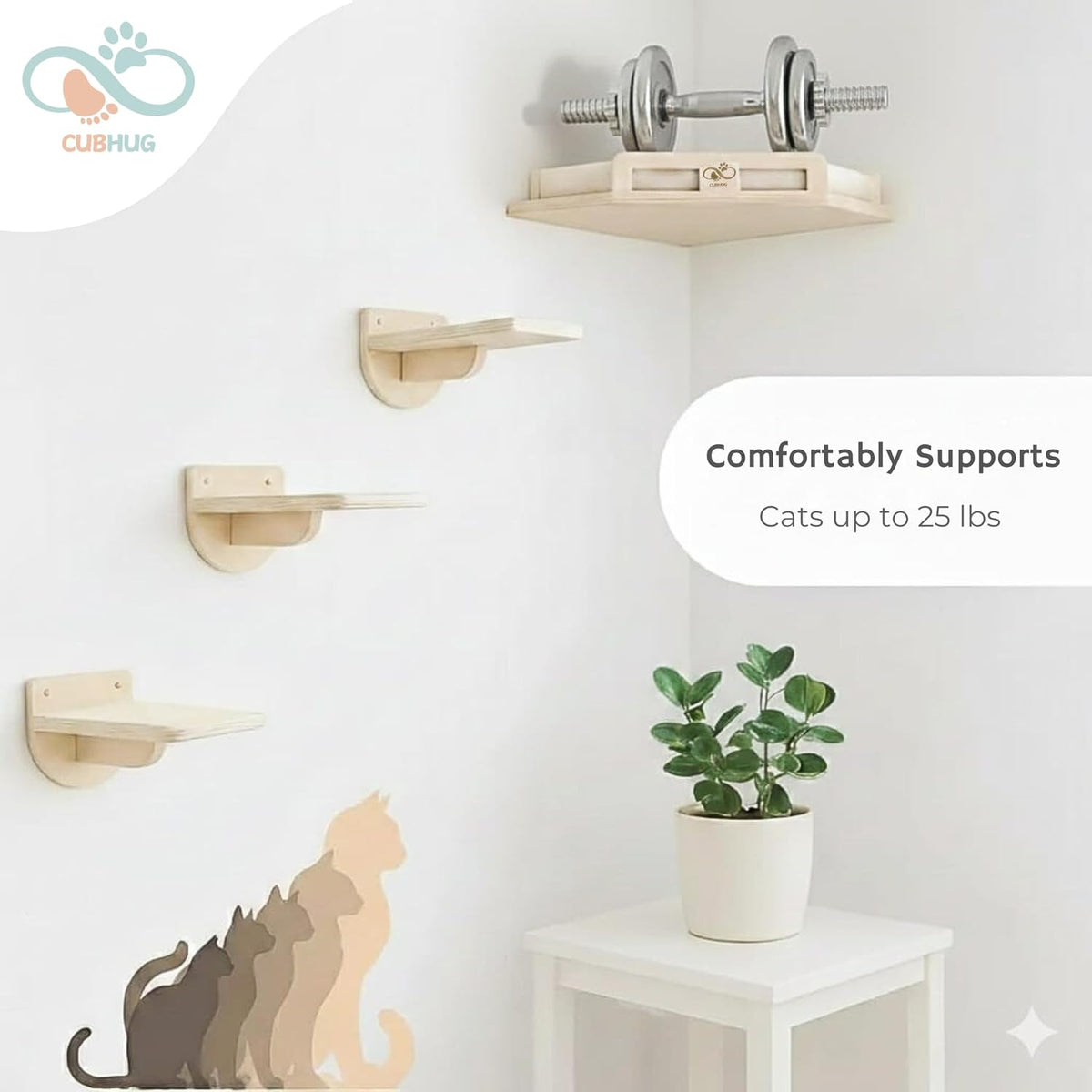 Cat Wall Shelves, Solid Wood Corner Bed, 3 Steps, Up to 25 lb, Wood