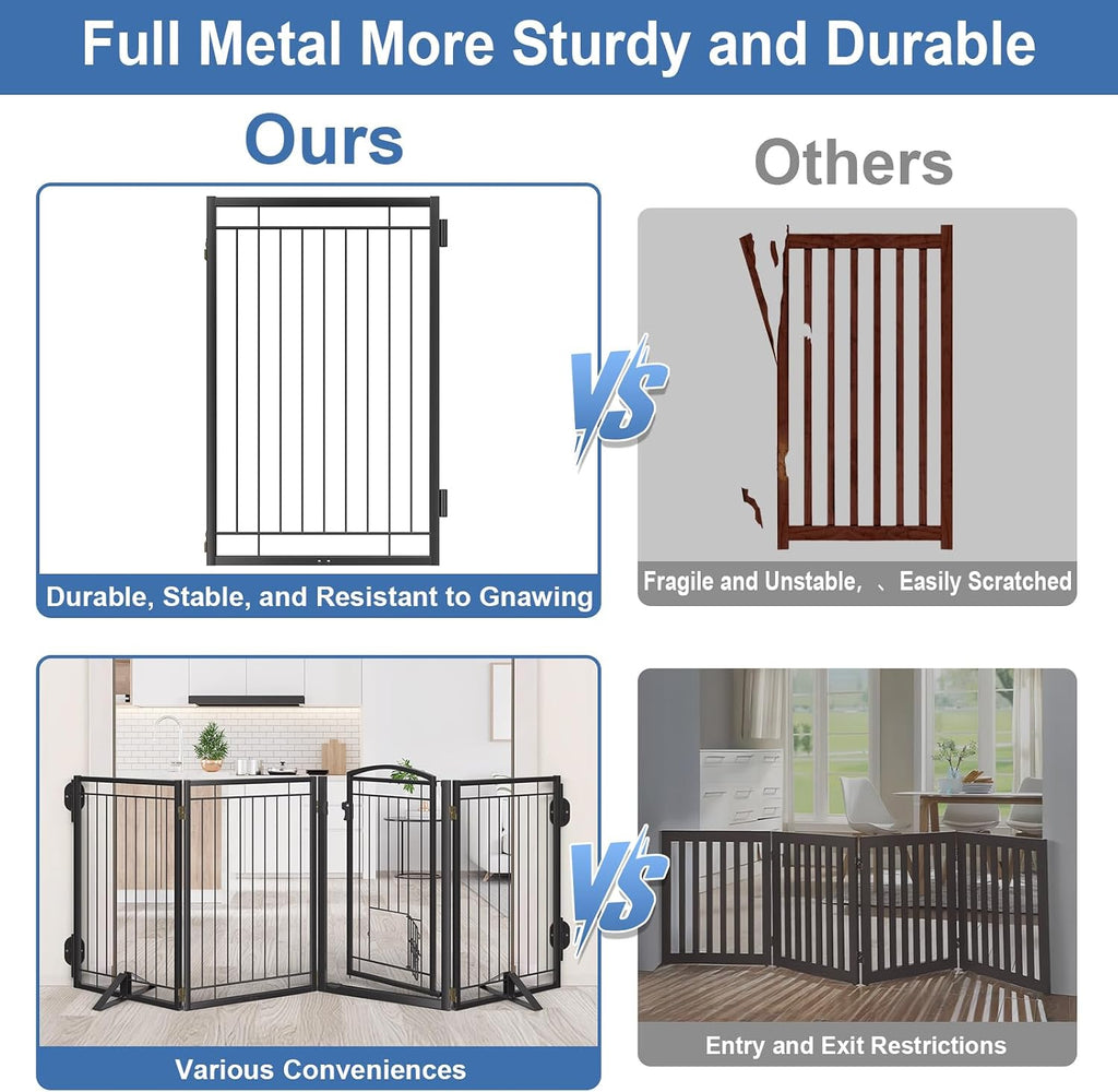 Full Metal Freestanding Dog Gate with Cat Door for Indoor & Outdoor,32" Tall 80" Extra Wide Foldable Dog Fence,Free Standing Pet Gate for Stairs,Porch,Deck,Yard,Doorways(Black)