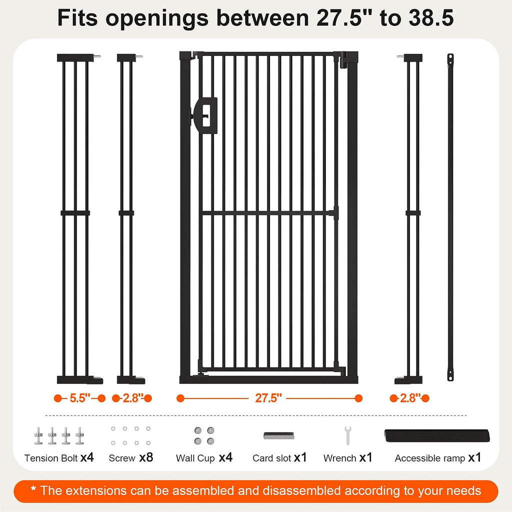 Jekriuet 57" Extra Tall Pet Gate, 27.5"-38.5" Wide, Black