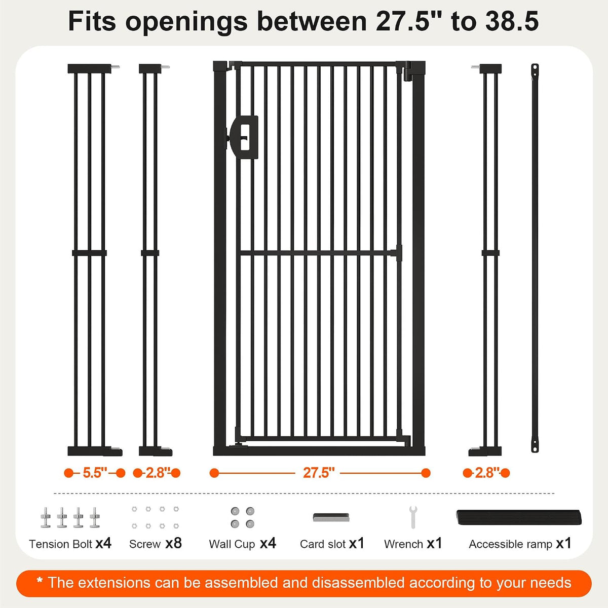 Jekriuet 57" Extra Tall Pet Gate, 27.5"-38.5" Wide, Black
