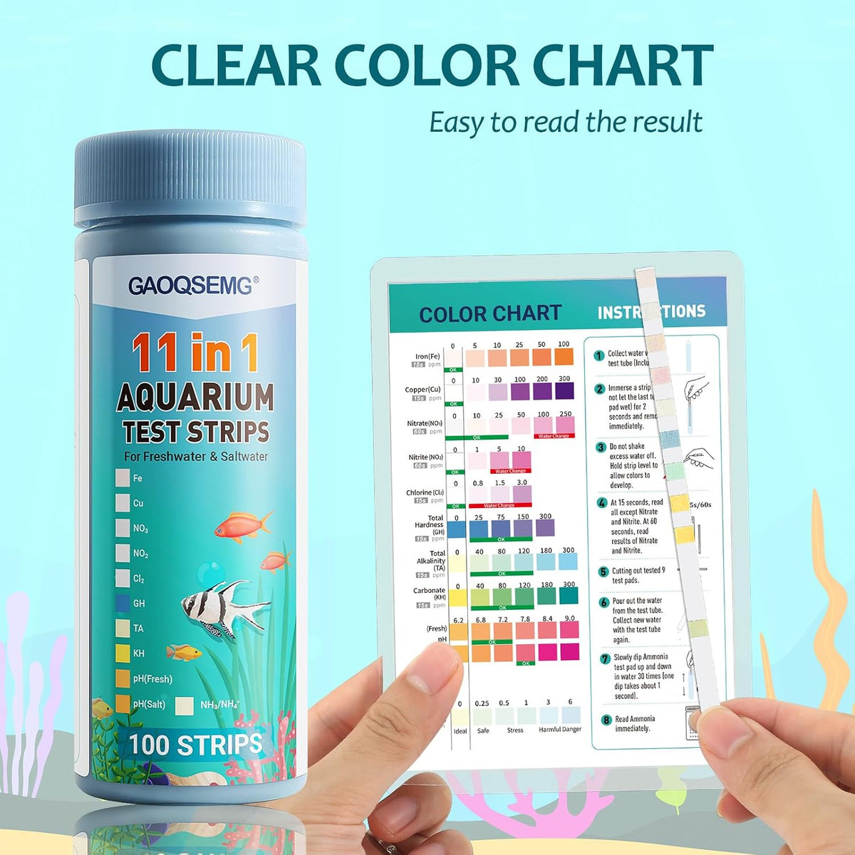 11 in 1 Aquarium Water Test Kit,Fish Tank Freshwater Ammonia Test Strips