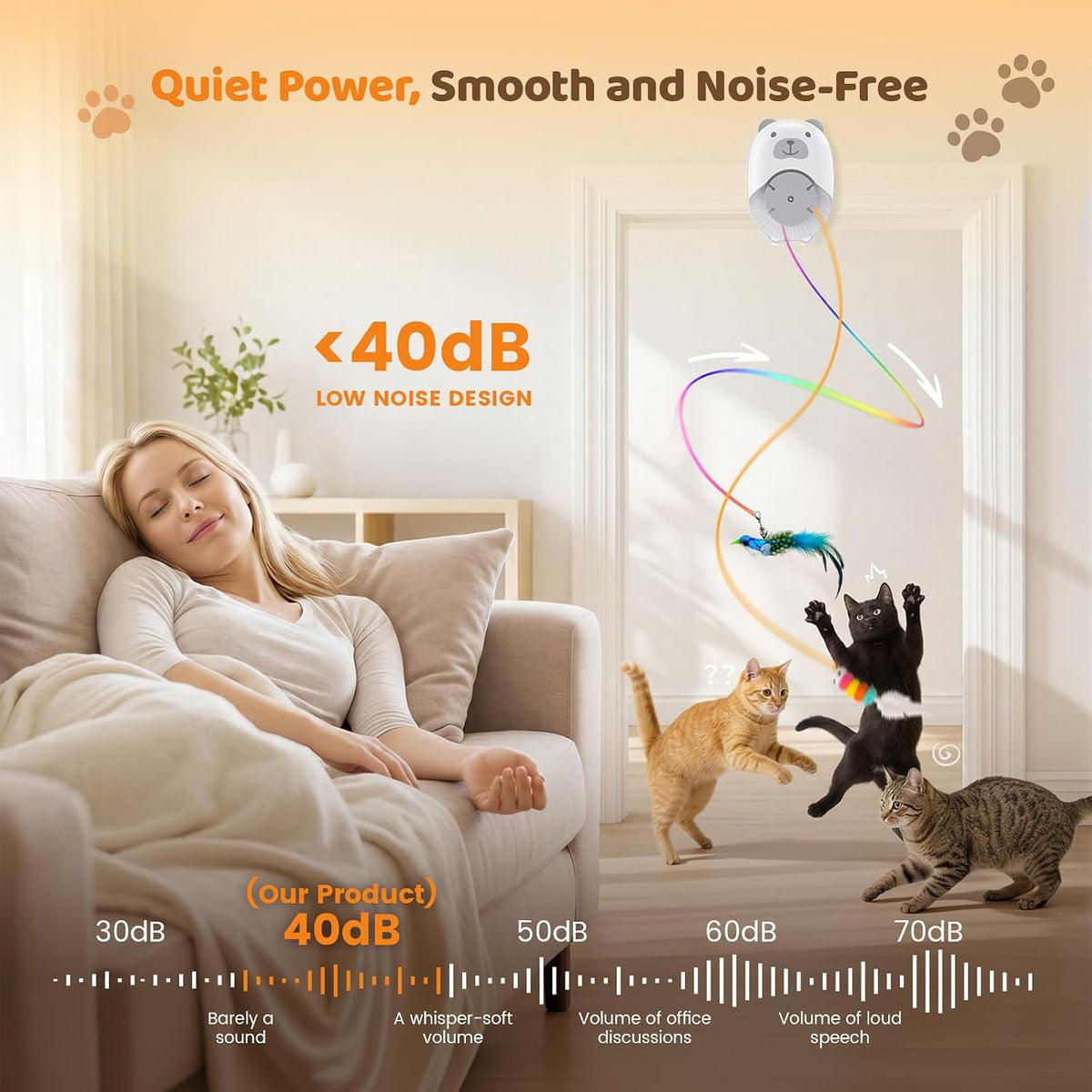 Interactive Cat Toys for Indoor Cats, Automatic Rechargeable Hanging Feather Wand with Flying Motion, 4 Packs Replaceable Accessories, Exercise Enrichment Toy for Cats, Long-Lasting USB Charging