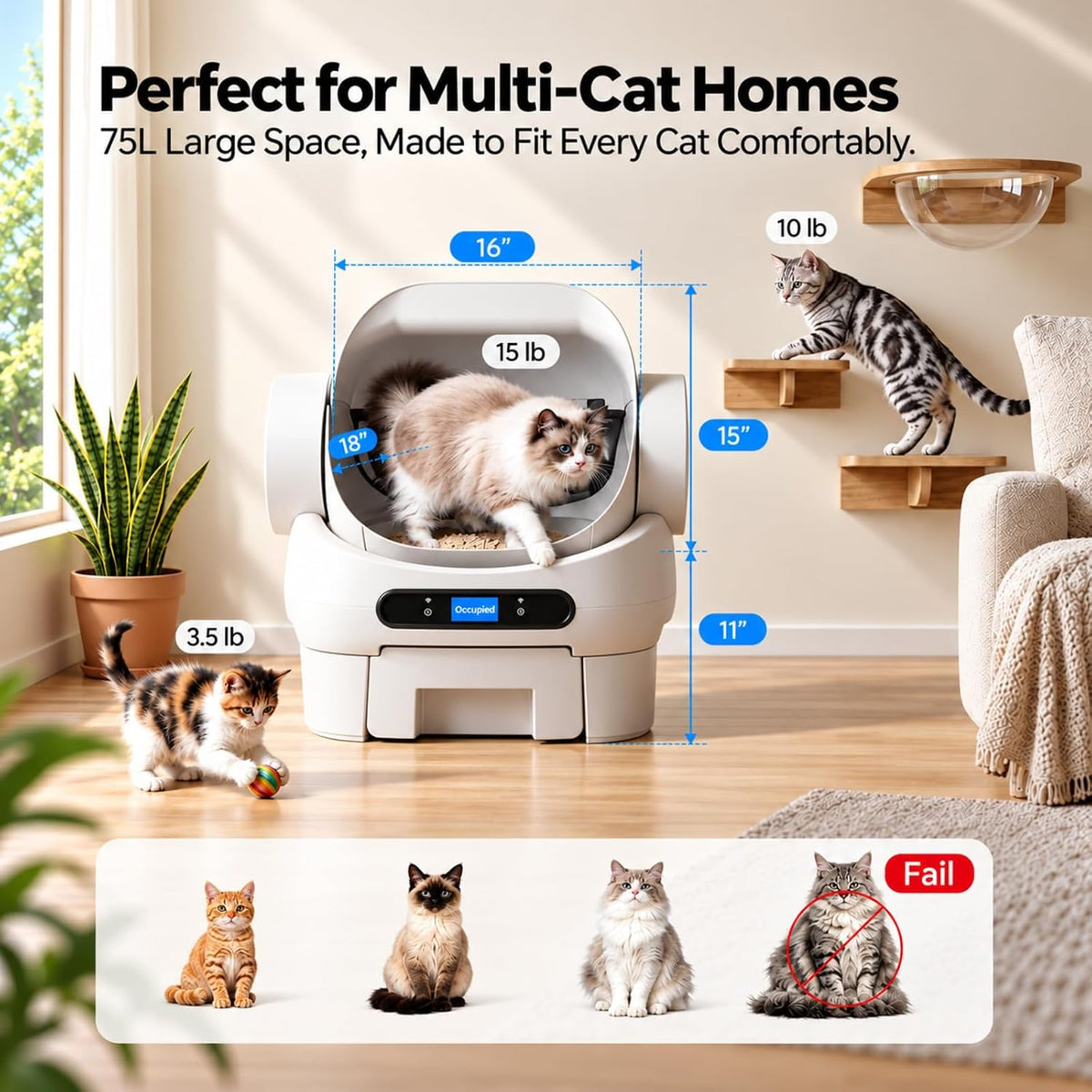 Open-Top Automatic Cat Litter Box, Self Cleaning Litter Box for Multiple Cats, 10 Safety Sensors, Large Capacity with APP Control, Noise&Odor Control Robot, LED Display, Hands-Free, White