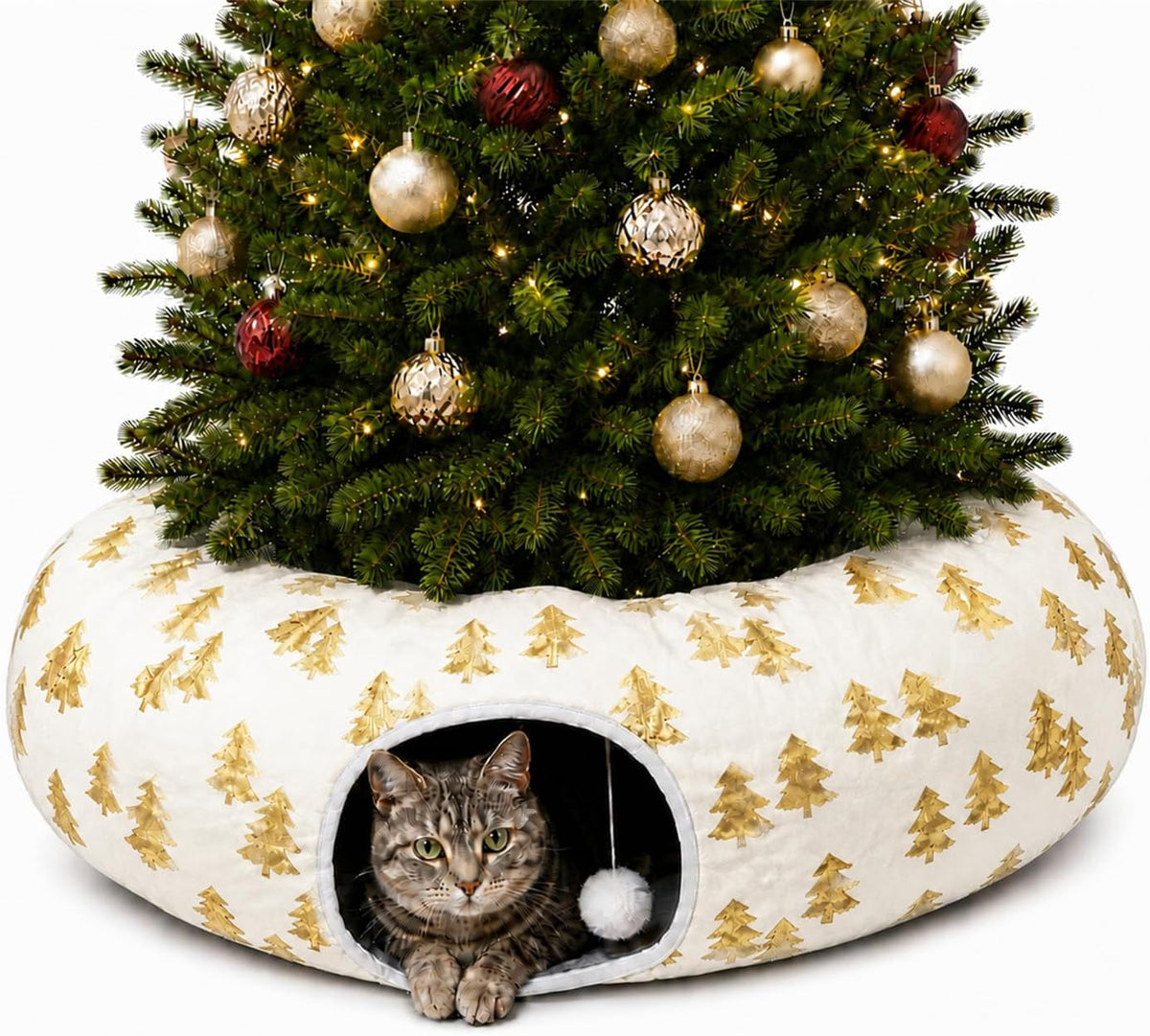 Plush Cat Tunnel Bed, Snowflake Pattern, White