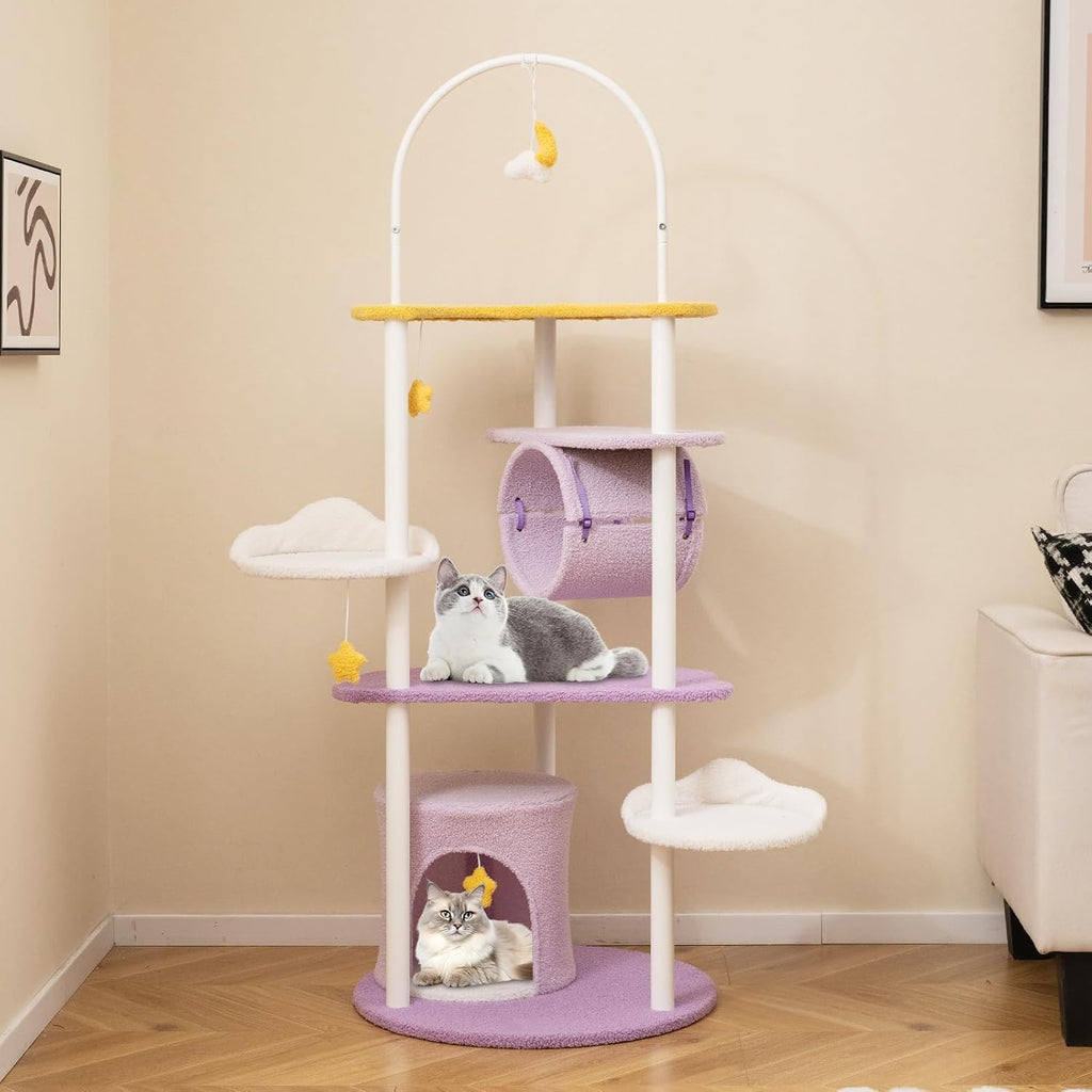 Tangkula Cute Cat Tree, 62 Inch Multi-Level Large Cat Tower with Metal Frame, Moon-Shaped Top Perch, Jumping Platforms, Cat Condo, Tunnel & Hanging Toys, Purple Cat Tree Tower for Indoor Cats