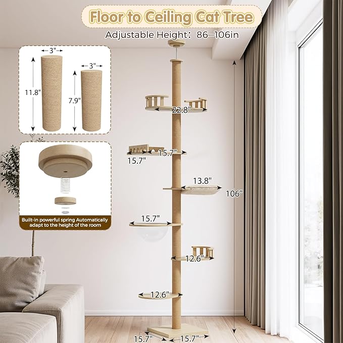 Erinnyees Cat Tree, Floor to Ceiling Cat Tree Height Adjustable Cat Tower 6 - Image 2