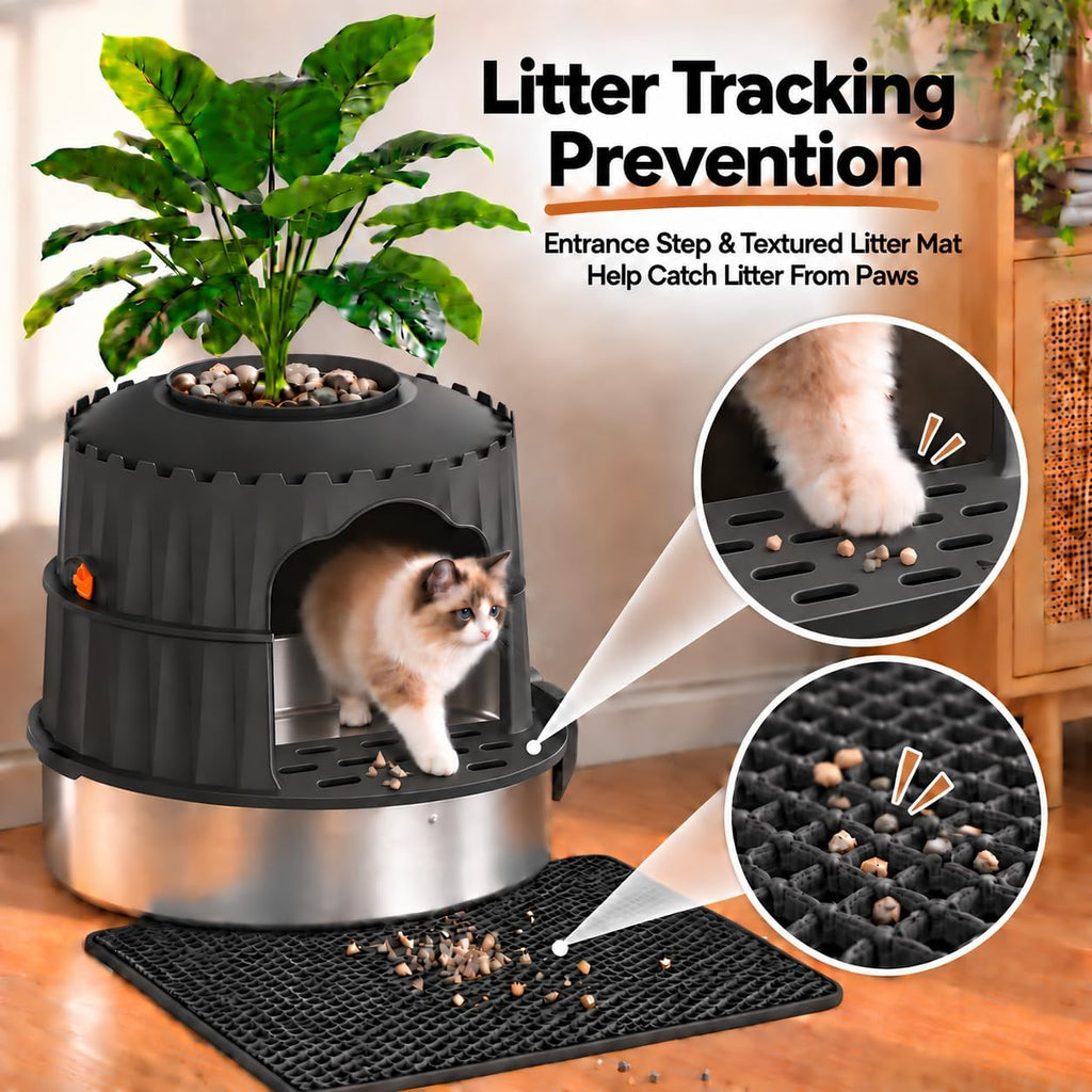 Hidden cat Litter Box Featuring a Stainless Steel Tray, Faux Greenery, an Activated Carbon Packet, and a Scoop; Plant-Style Litter Box Furniture; Includes a Free Litter mat