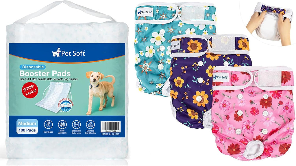 Pet Soft Female Dog Diapers (3 Pack) & Dog Diaper Liners 100ct Medium