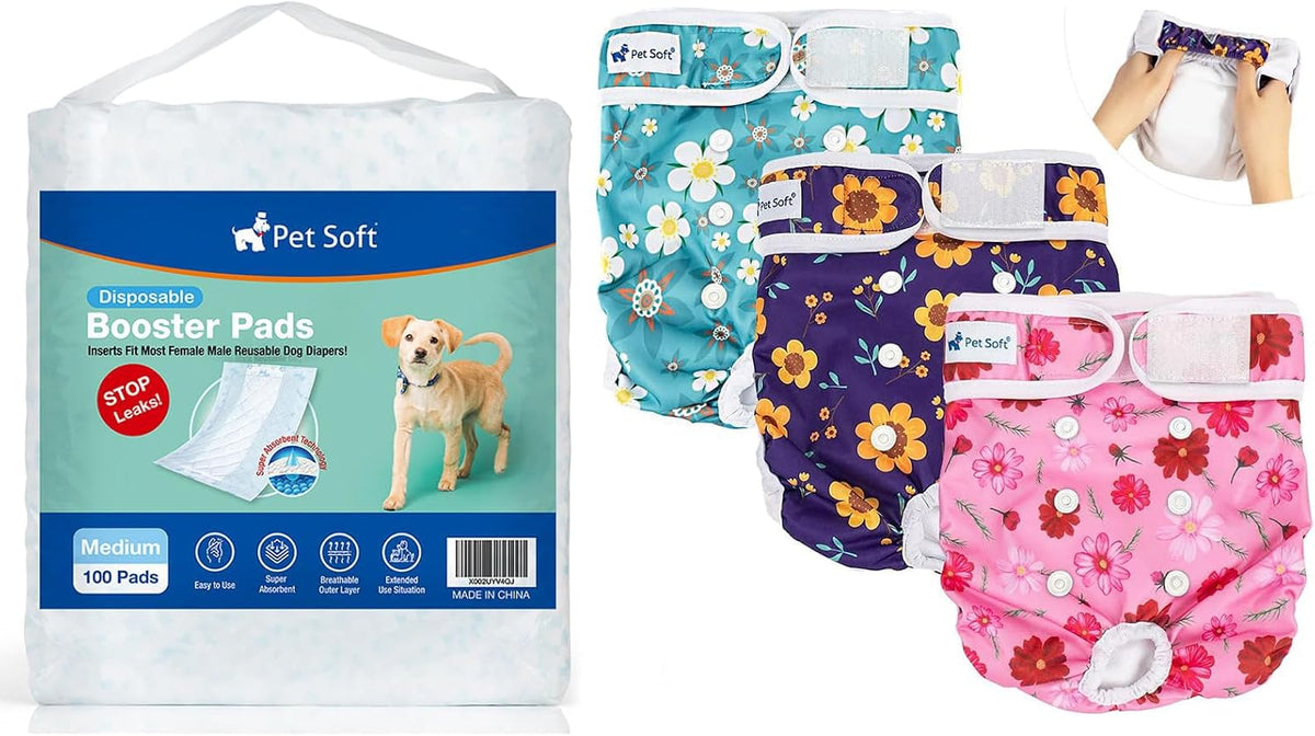 Pet Soft Female Dog Diapers (3 Pack) & Dog Diaper Liners 100ct Medium