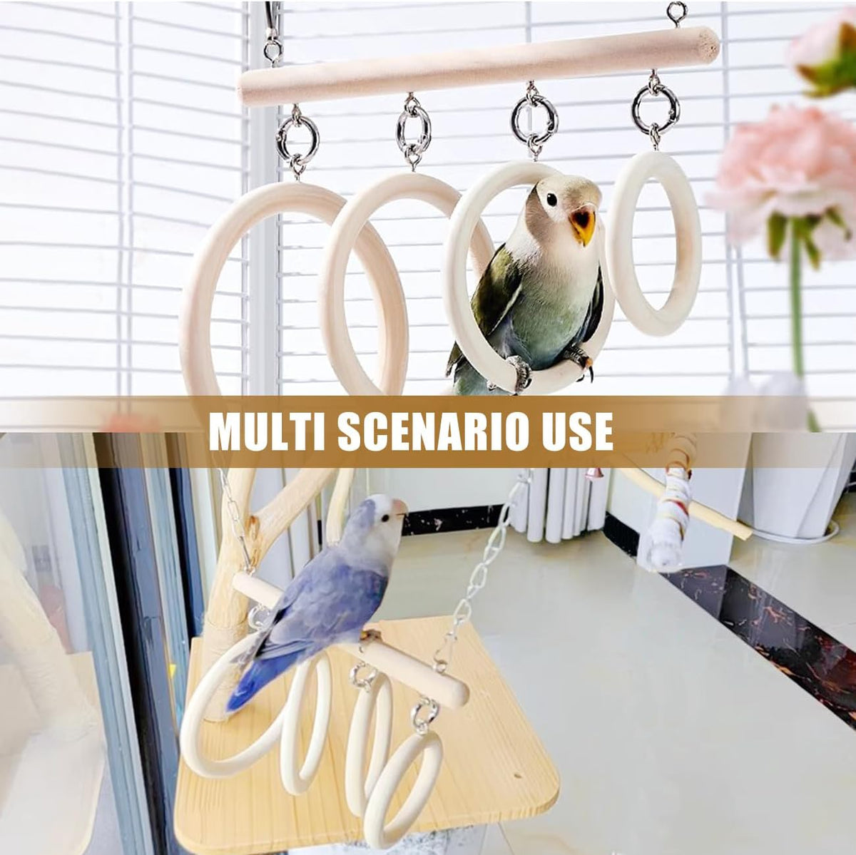 La La Pet Bird Swing Rings 4-Ring Perch Stand Wooden Parrot Playground Relieve Boredom Hanging Birdcage Accessories for Budgies Cockatiels Conures Parakeets Cockatoos