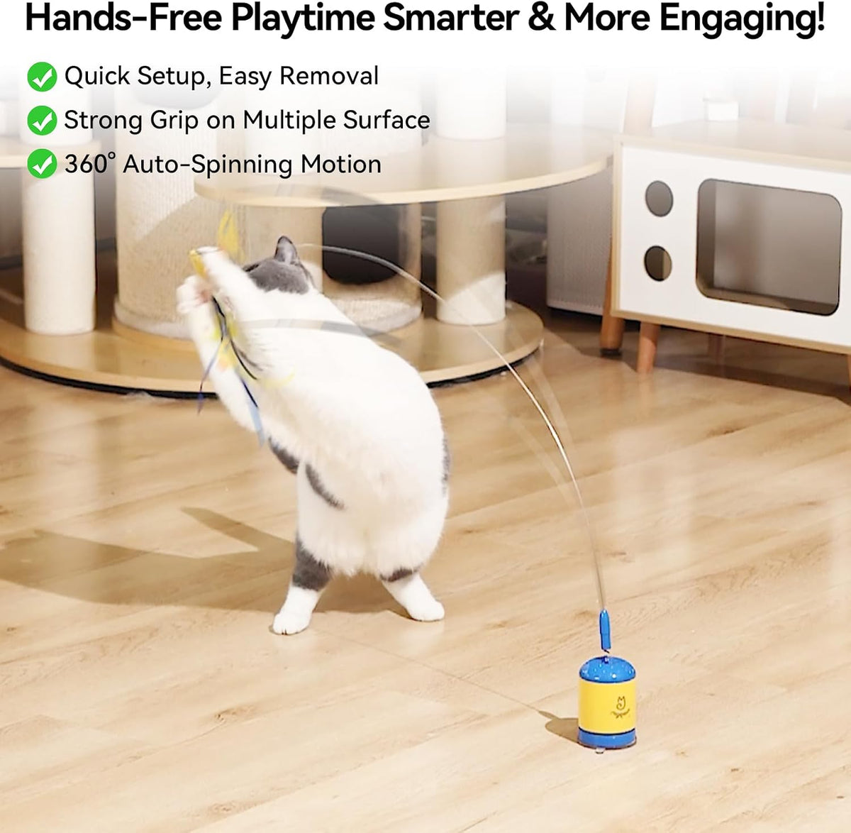 Migipaws Interactive Automatic Cat Teaser Wand Toy with Strong Suction Cup, 70cm Flexible Wire & DIY Bending Design, Rechargeable Cat Exercise Toy with Auto Timer for Indoor Cats (Blue)
