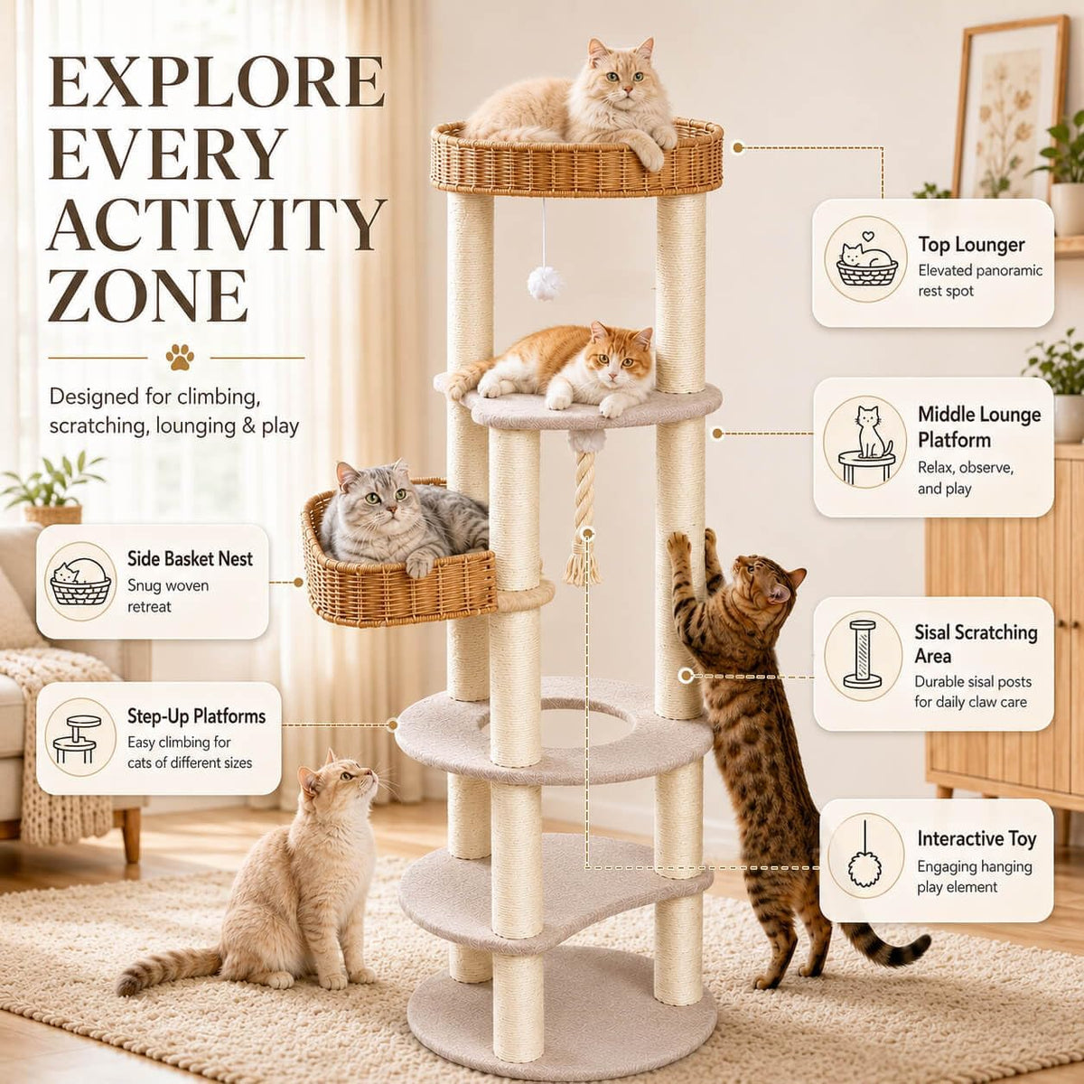 Multi-Level Cat Tree for Large Indoor Cats, 57in Tall Cat Tower