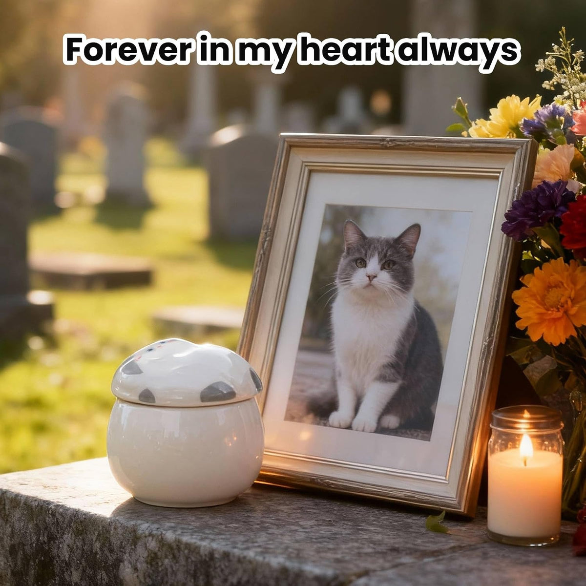 Ceramic Gray Cat Urn for Ashes, Pet Memorial Keepsake, 5-6.8 oz