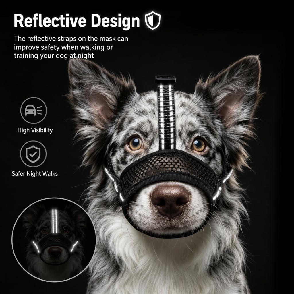 Freezx Muzzle for Dogs, Soft Mesh Breathable Adjustable Reflective Dog Muzzles to Prevents Scavenging Fierce Barking Biting Chewing, Ideal for Grooming Walking Vet Visits Allows Panting and Drinking