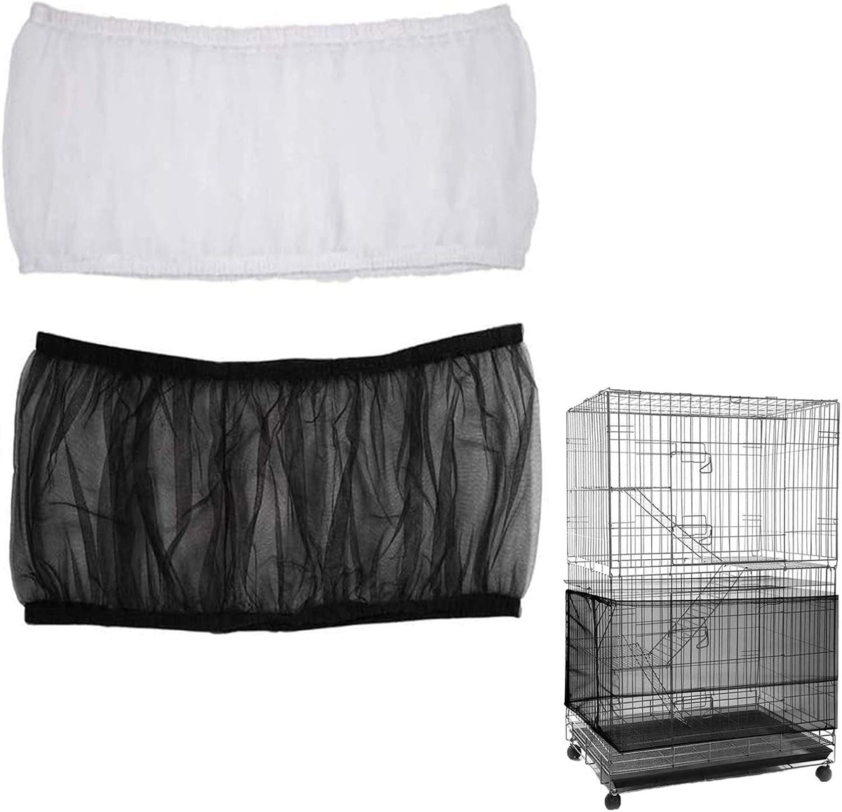 ISMARTEN Bird Cage Seed Catcher (2 Pack), Airy Gauze Bird Cage Cover Seeds Guard Dust-Proof Universal Birdcage Accessories Mesh Net Cover (Black + White, M)
