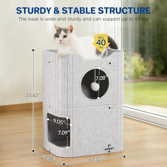Cat House for Indoor Cats, 2-Storey Cat Bed Cave, Felt Cat Hideaway Condo - Image 3