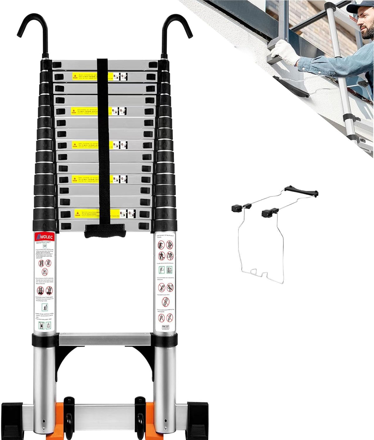Telescoping Ladder with Hooks, 20.3 FT, Stabilizer & Wheels, Silver