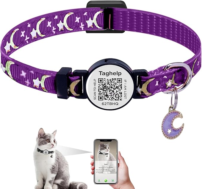 Cat Collar Stars and Moon, Reflective no Bell, Solid & Safe Collars by Taghelp