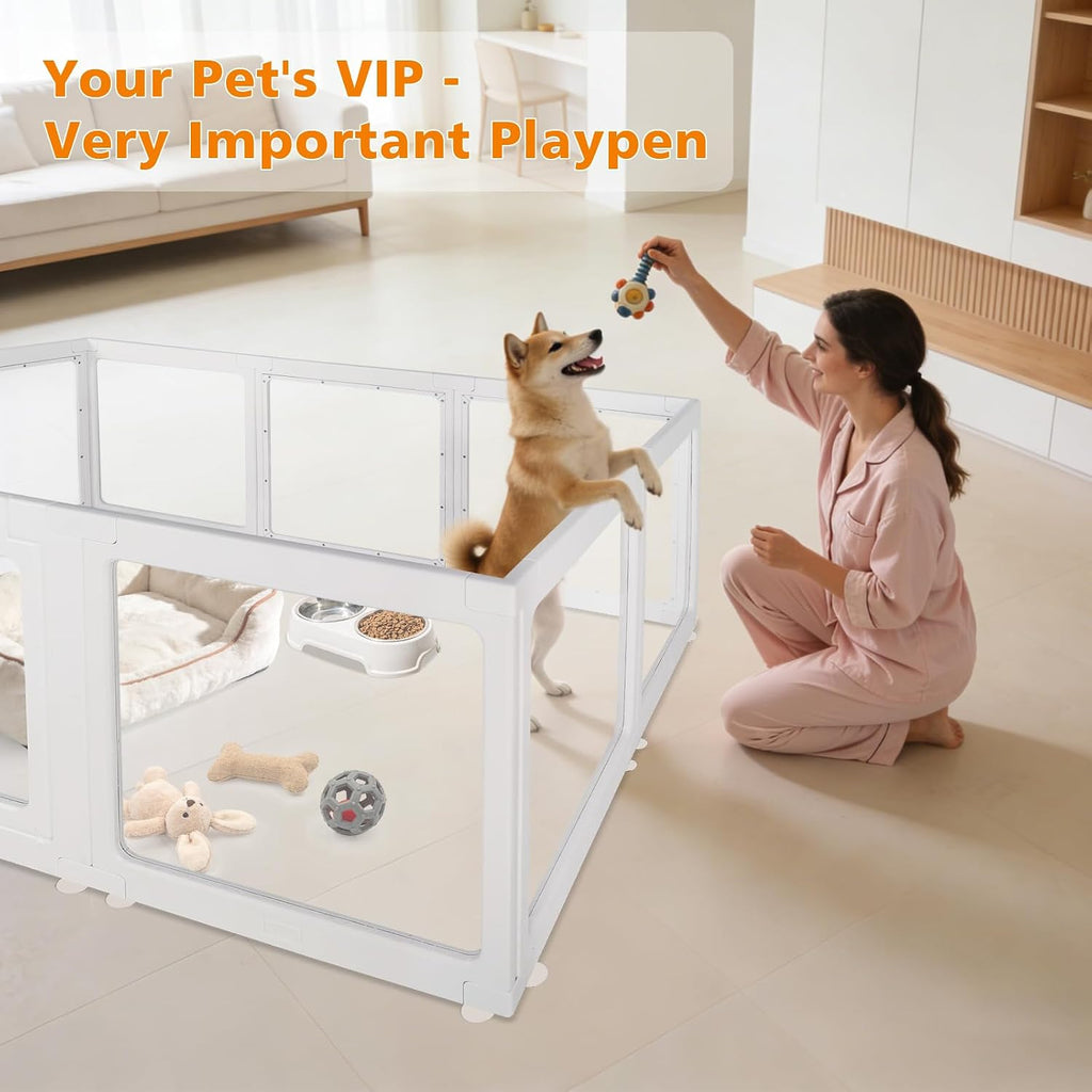 Clear Acrylic Plastic Dog Playpen with Door, 23.6"H Transparent DIY Puppy Cat Pet Play Pen, Modular Fence for Dog, Cat, Pig, Rabbit, Ferret, Easy Assemble Dog House Crate Kennel Whelping Cage