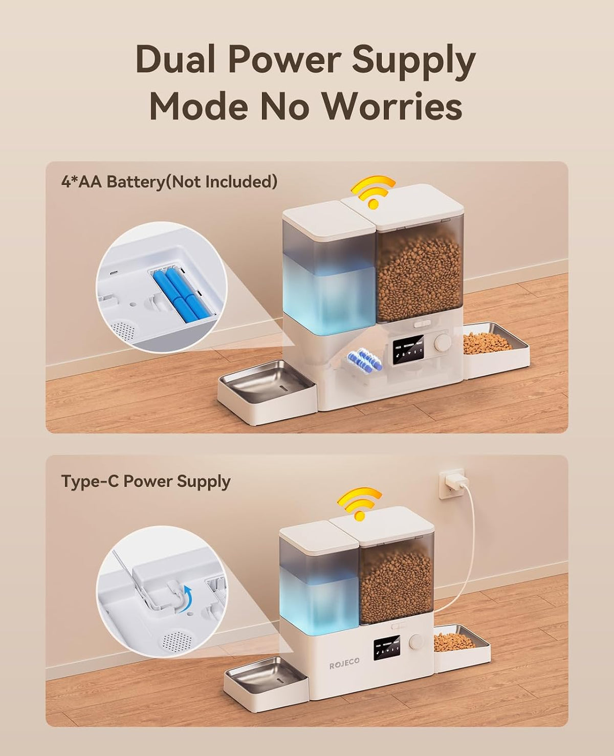 ROJECO Automatic Cat Feeder and Water Dispenser,2.4G WiFi Control Feeding