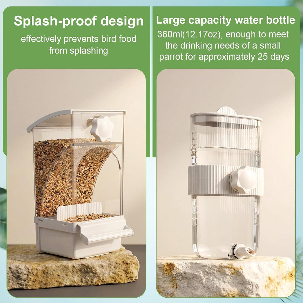 Novabright No Mess Bird Feeder Water Dispenser Set, Automatic Transparent Bird Food Container and 12 oz Automatic Water Feeder for Small Birds Parrot, Cockatoo, Canary, Cage, Lovebird, Budgies(White)