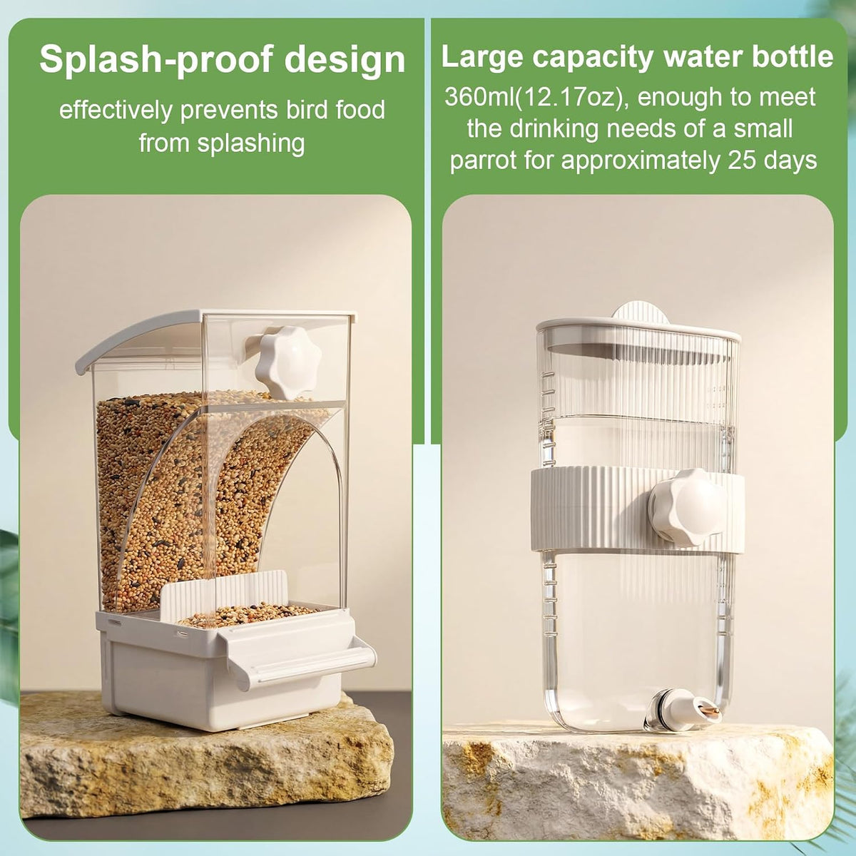 Novabright No Mess Bird Feeder Water Dispenser Set, Automatic Transparent Bird Food Container and 12 oz Automatic Water Feeder for Small Birds Parrot, Cockatoo, Canary, Cage, Lovebird, Budgies(White)