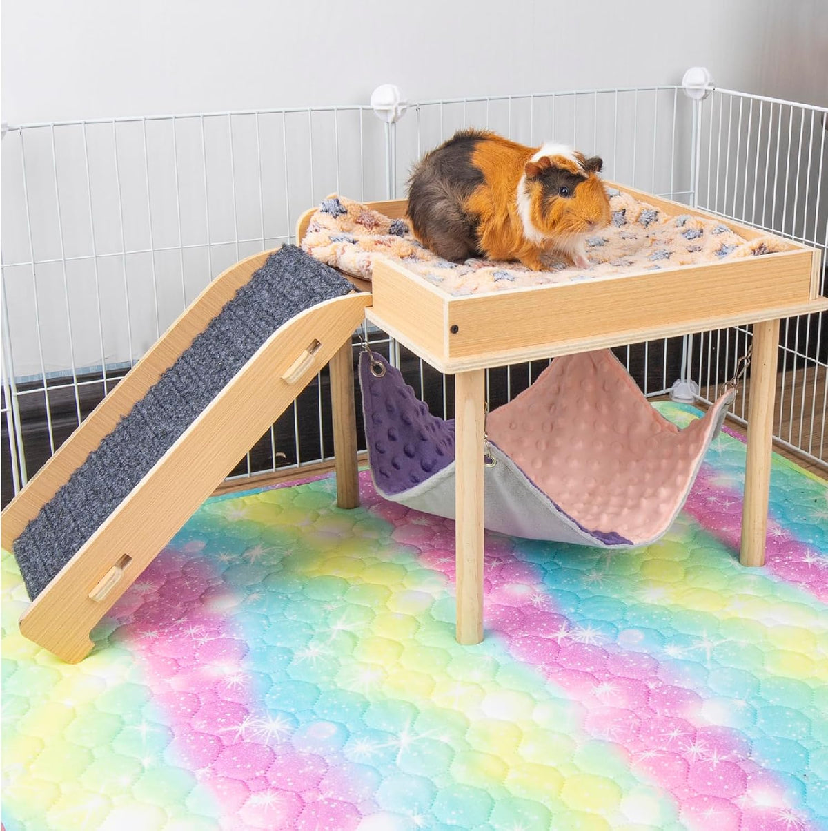 BESNEW Enlarged Guinea Pig Hammock with Platform and Stairs,Wooden Small Animal Hideout for Guinea Pigs Bunny Ferret Hamster Hiding Sleeping Activities(Single)