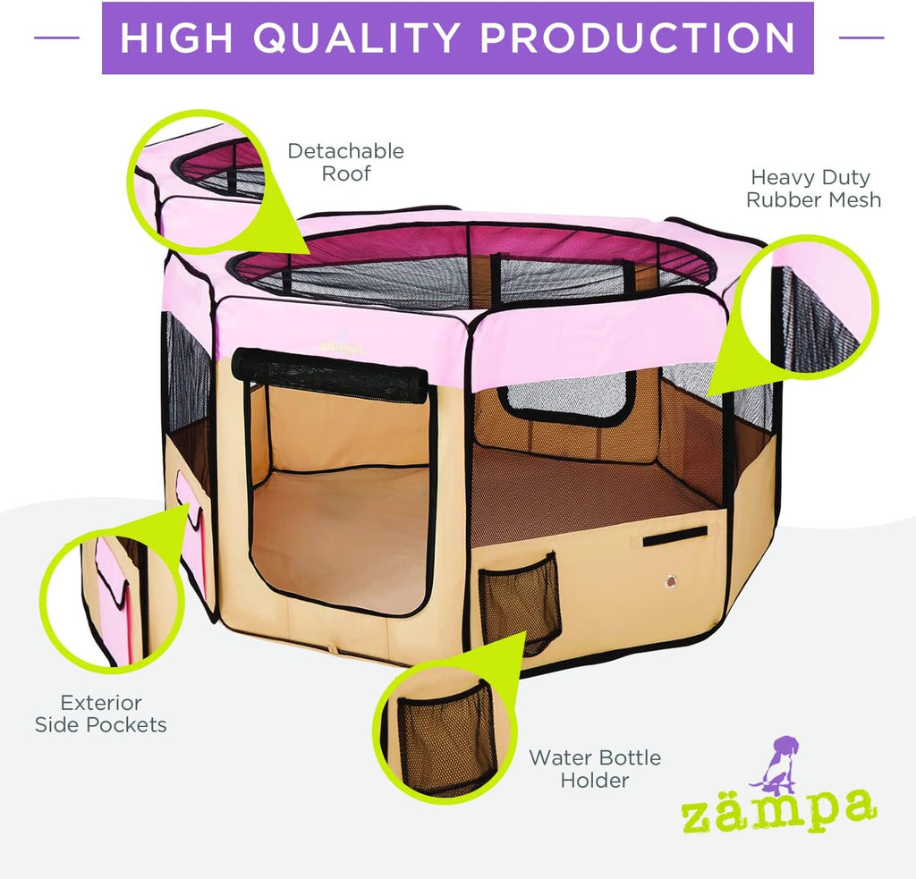 Zampa Puppy Pop Up Portable Playpen for Dog and Cat, Foldable | Indoor/Outdoor Kitten Pen & Travel Pet Carrier + Carrying Case (Pink, Extra Large (80"x80"x36"))