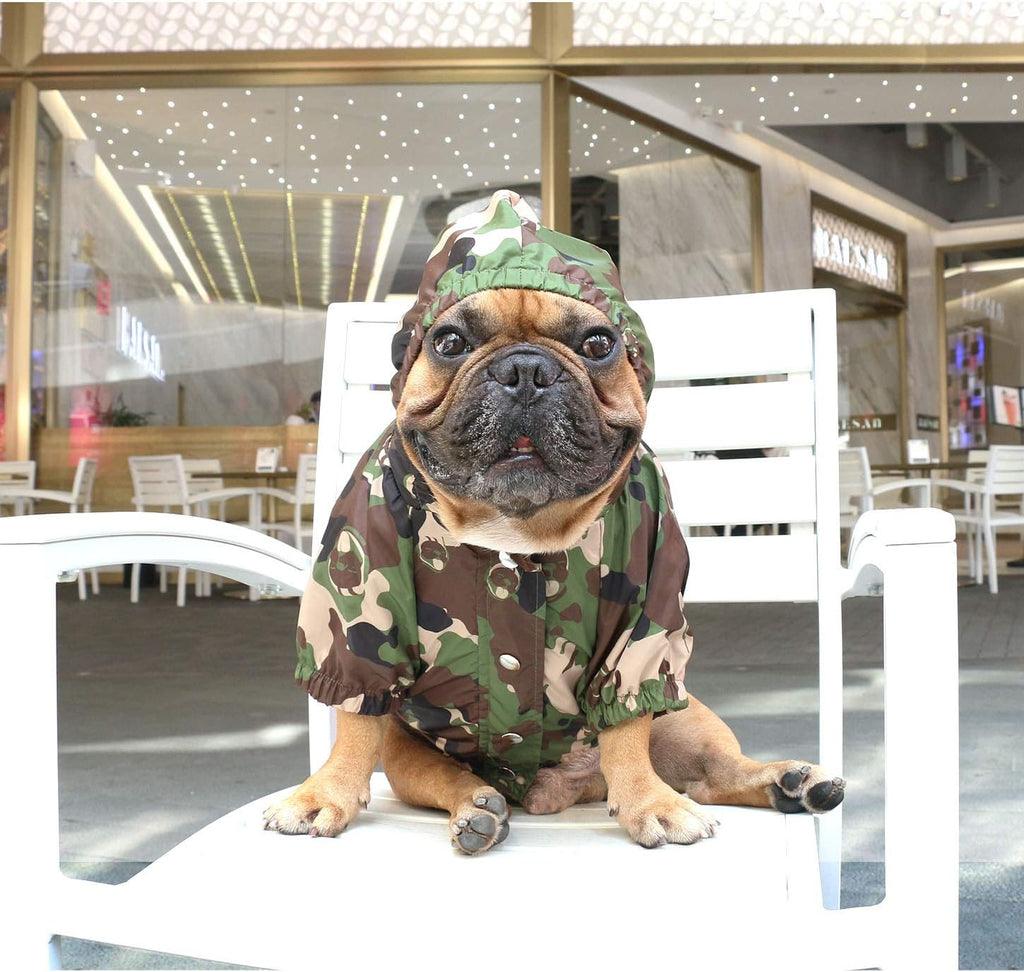 iChoue Dog Cold Weather Coats Water Resistant Raincoats Lightweight Windbreaker Hooded Jackets for French English Bulldog Pitbull Pug Boston Terriers Outdoor Rain Coat - Camouflage, Small