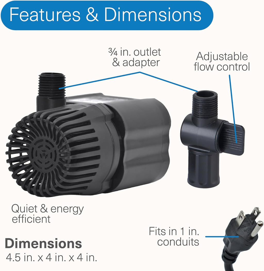 smartpond 800 GPH Pond and Water Feature Pump, Submersible, Durable, Energy Efficient, Provides Circulation, Ideal for Fish and Koi Ponds and Water Features up to 800 Gallons, Adjustable Flow Control
