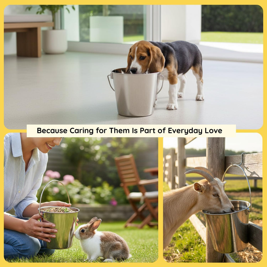 4 quart Heavy Duty Stainless Steel Round Bucket with Handle | 1 gal Durable Food & Water Bowl for Birds Dogs Cats Goat & Livestock | Fits kennel Crate Cage Farm | Hanging Utility Pet Pail