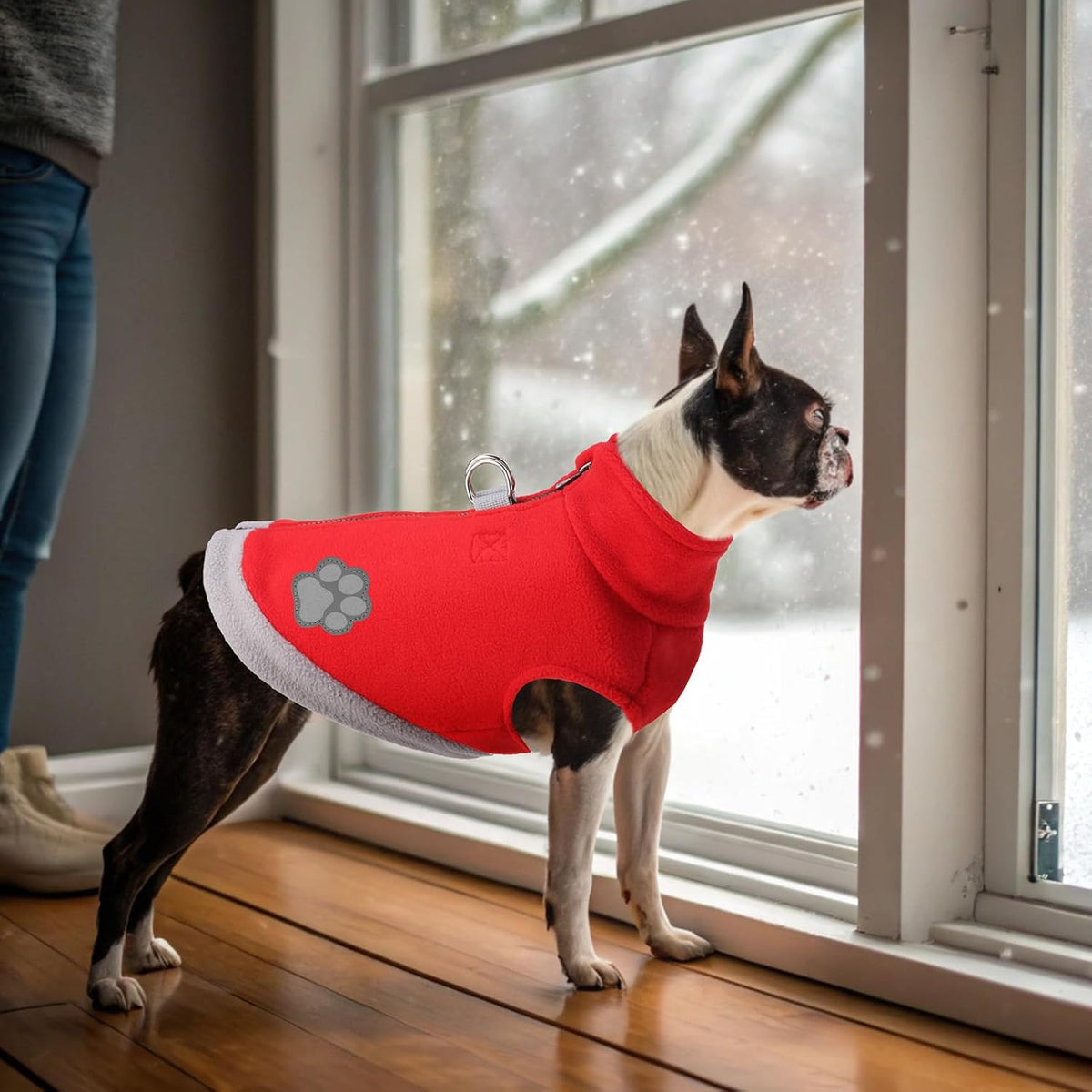 Mihachi Dog Fleece Vest Sweater Zip Up Warm Pullover Step-in Dog Jacket with Dual D-Ring Leash, Winter Cold Weather Reflective Coat Clothes Hoodie for Small Medium Dogs Puppy Cat Boy Girl, Red S
