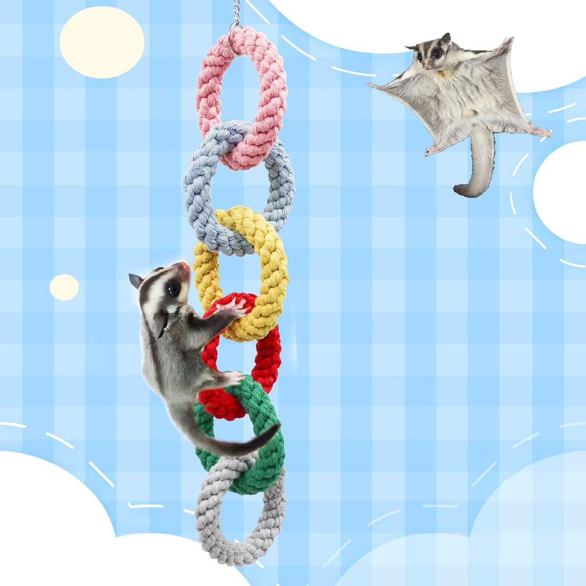 Sugar Glider Hanging Toy - Colorful 6-Ring Climbing & Swing Set for Cages, Cage Accessories for Small Animals Birds Parrots Parakeets Cockatiels Ferrets Hamsters Rats