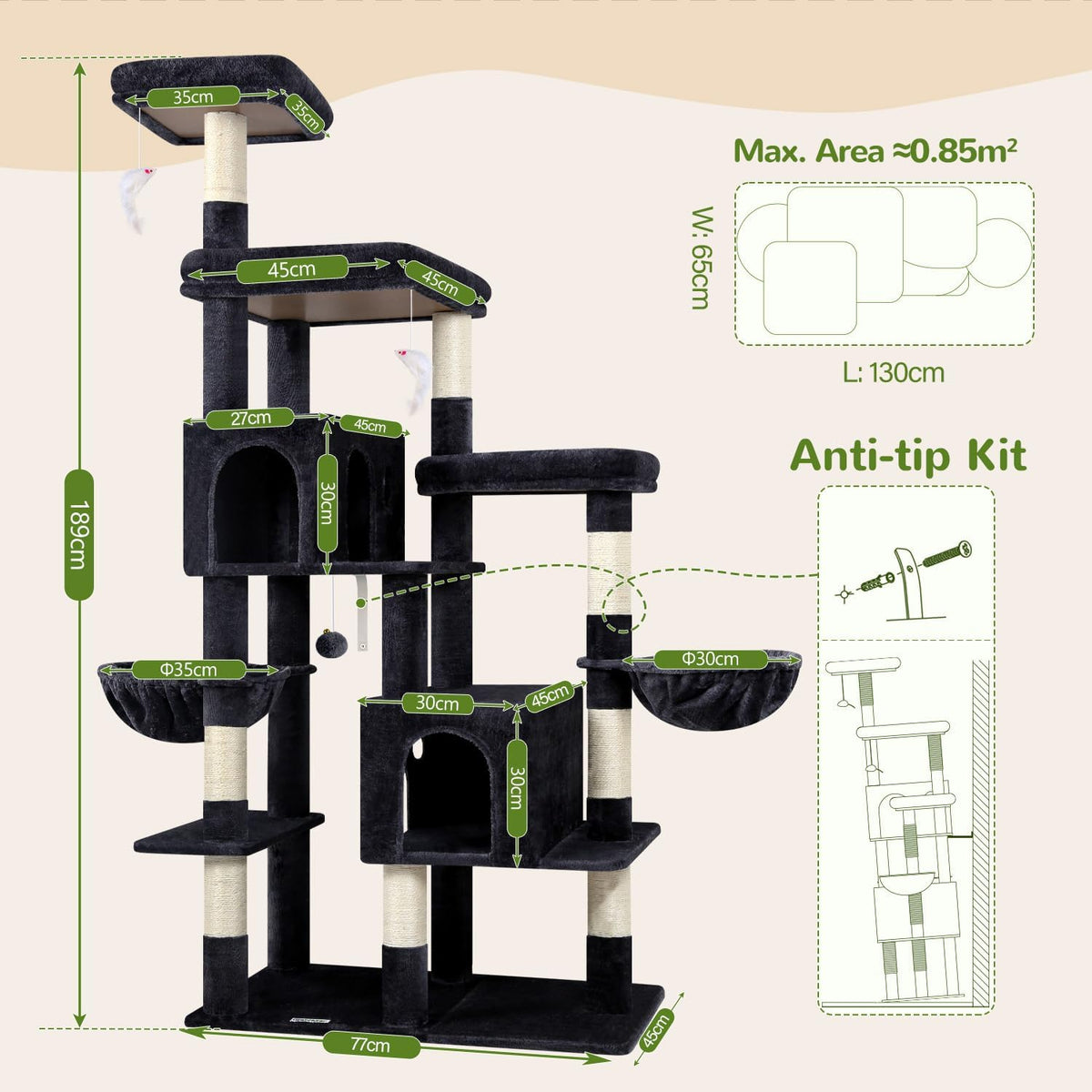 Globlazer 74in Large Sturdy Cat Tree for Large Cats, F74F, Dark Grey